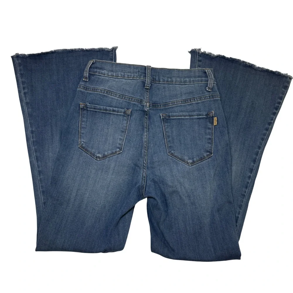 Vibrant MIU Women Blue Distressed High Rise Button Fly Flare Jeans Size 9 W28